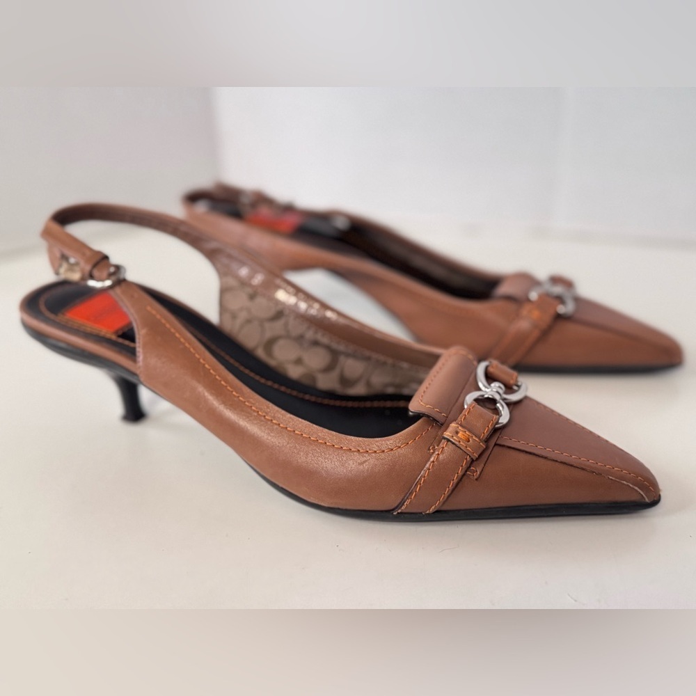Vintage Coach Starr Tan Leather Buckle Slingback Kitten Heels Size 6 - Picture 2 of 12